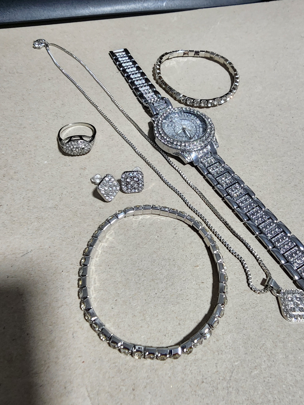 Silver Crystal Women's Watch and Jewelry Set - Silver Tone